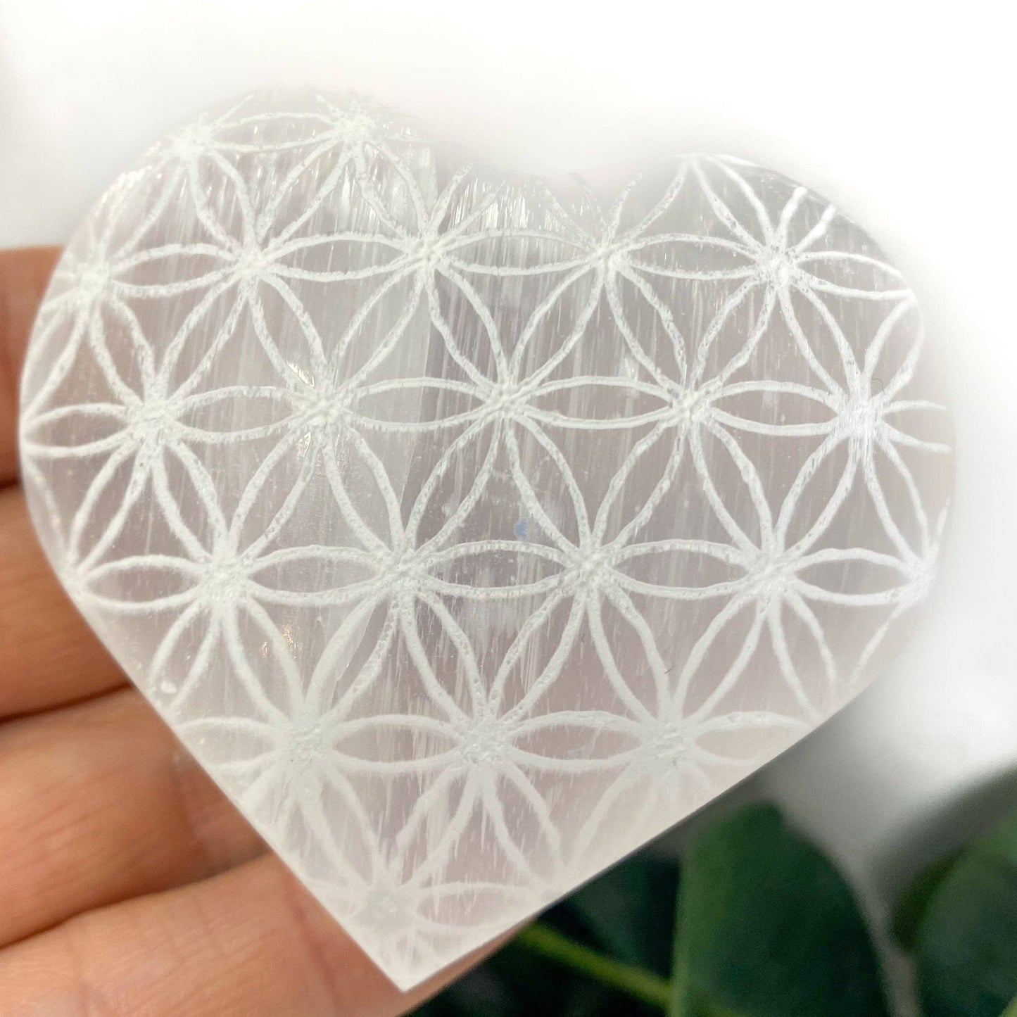 Selenite-Engraved Flower of Life Selenite Heart-Morocco